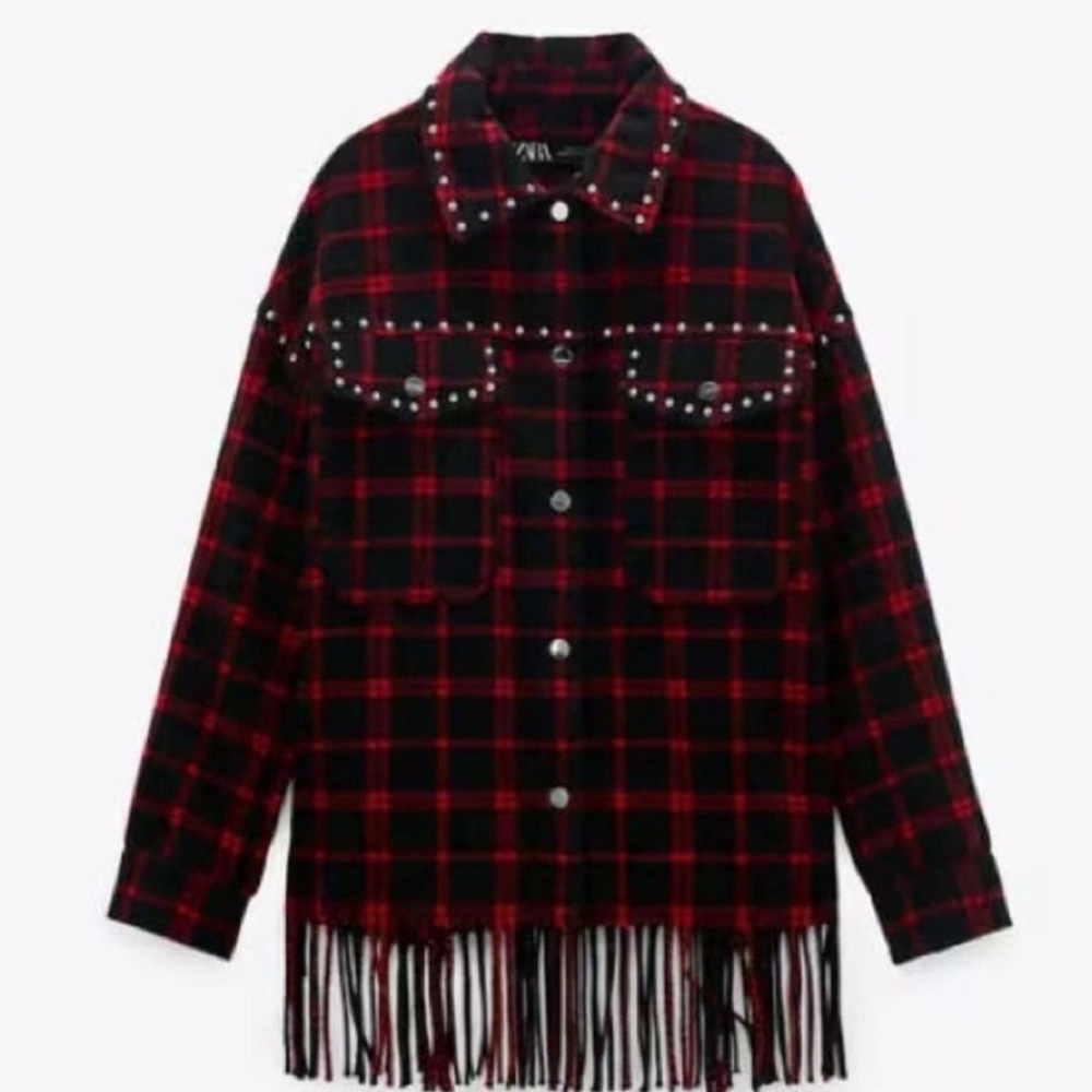 ZARA RED CHECKERED STUDDED FRINGE SHACKET
